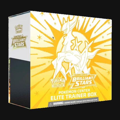 Pokémon Center Elite Trainer Box packaging with Pokémon logo and 'Brilliant Stars' text on a yellow and white background.