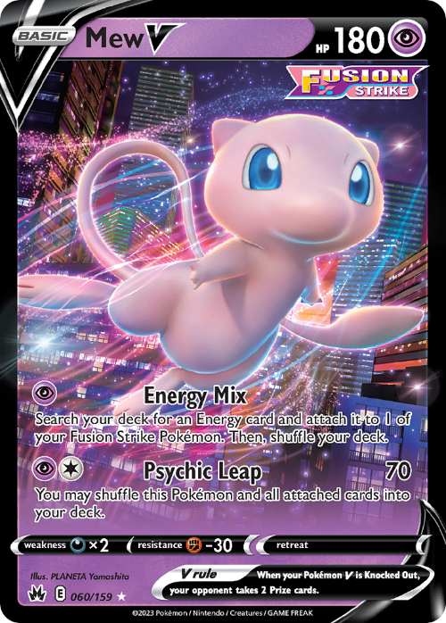 Pokémon trading card featuring Mew V with a cityscape background