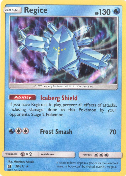 Pokémon trading card featuring Regice with iceberg shield ability