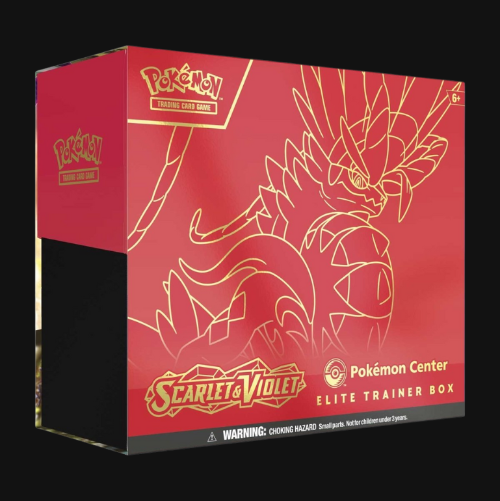 Pokémon Scarlet & Violet Elite Trainer Box packaging with Pokémon logo on a red background