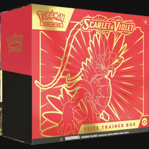 Pokémon Scarlet & Violet Elite Trainer Box packaging with red and gold design.