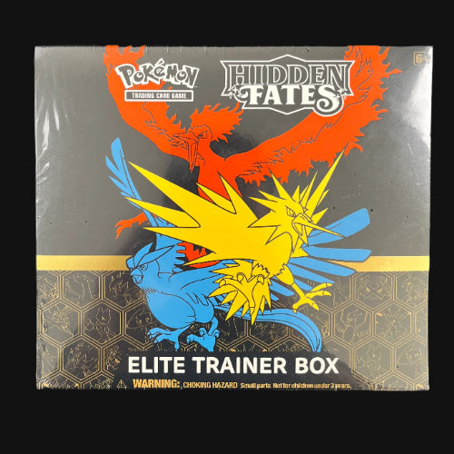 Pokémon Hidden Fates Elite Trainer Box on a dark surface