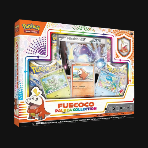Pokémon trading card game packaging with cards and character illustration on a white background