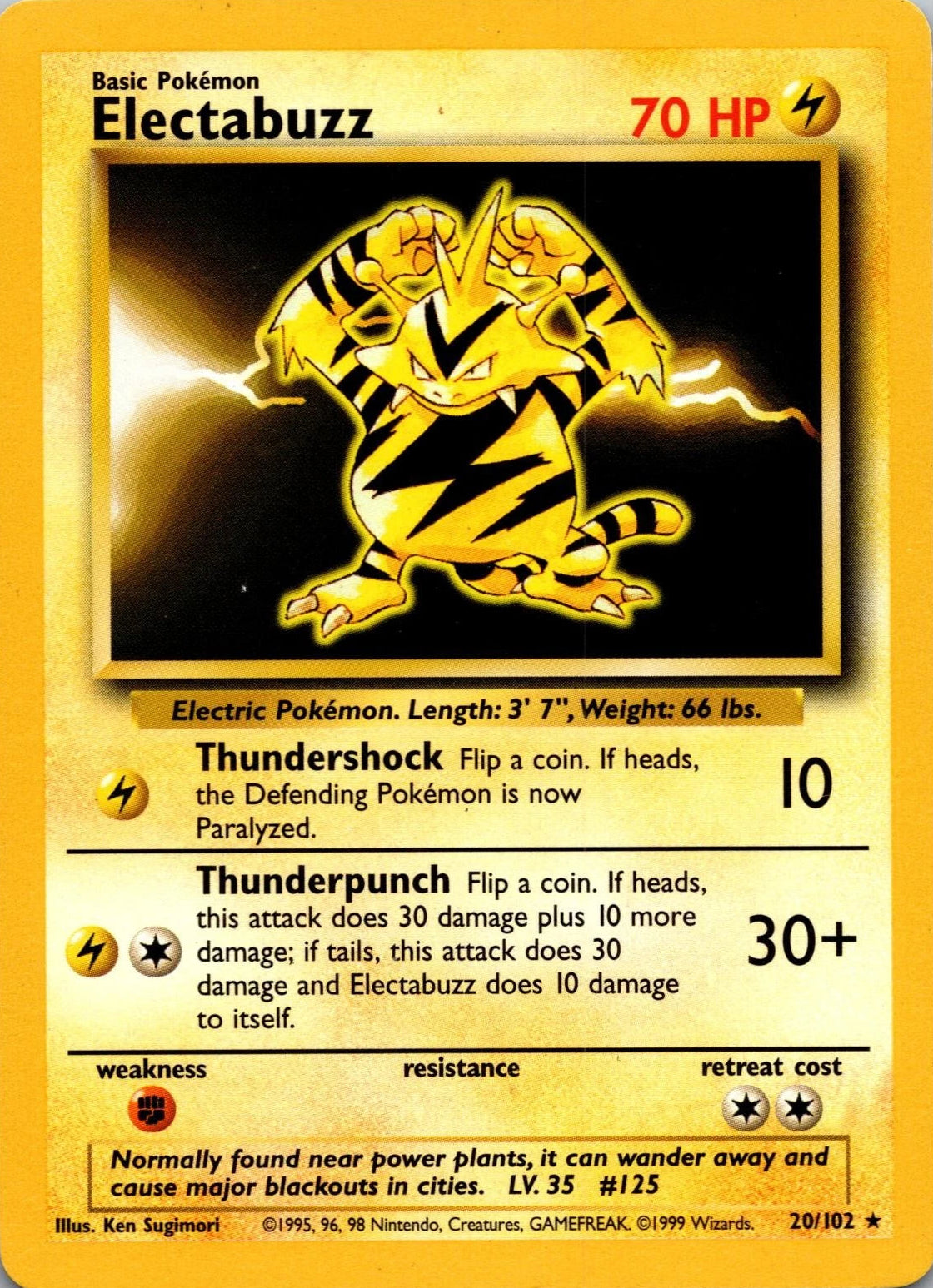 A single Pokémon trading card featuring Electabuzz from the Basic set. The card has a yellow-gold border, black background in the center artwork area, and yellow electric-themed graphics and text.