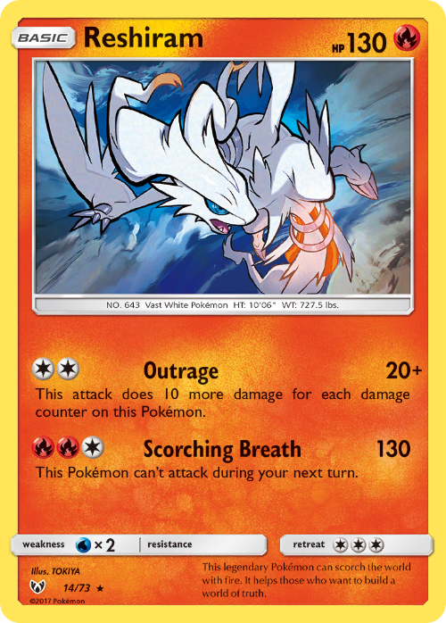 Pokémon trading card featuring Reshiram with a fiery border