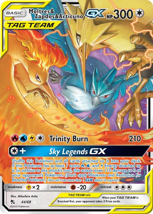 Pokémon trading card featuring Moltres, Zapdos, and Articuno with detailed artwork and text.