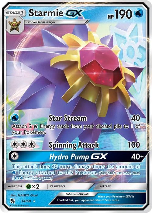Pokémon trading card featuring Starmie GX with detailed artwork and text.