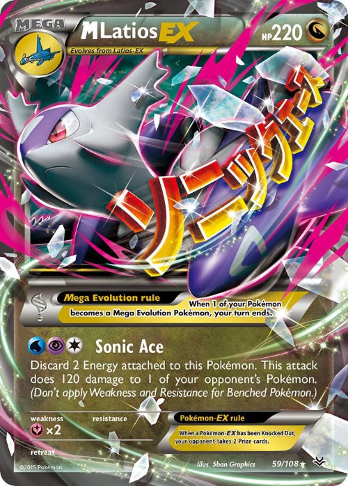 Pokémon trading card featuring Mega Latios EX with colorful design and text.