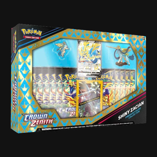 Pokémon trading card game set in a 'Crown Zenith' box with 'Shiny Zacian' theme.