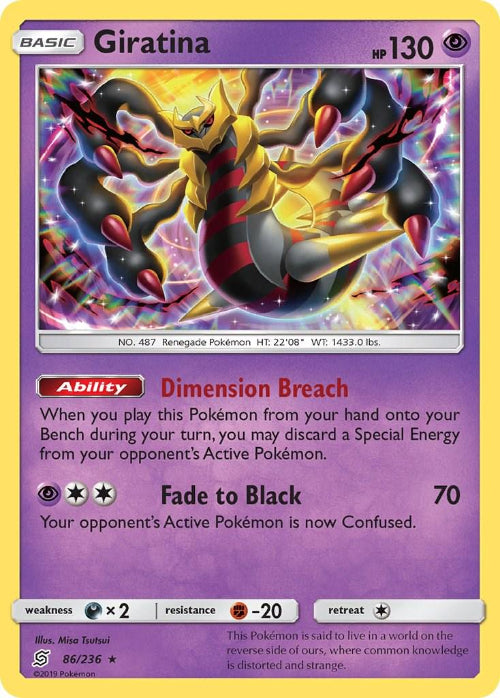 Pokémon trading card featuring Giratina with detailed artwork and text.