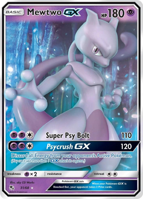 Pokémon trading card featuring Mewtwo GX with a snowy background