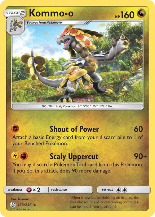 Pokémon trading card featuring Kommo-o with game details and artwork.