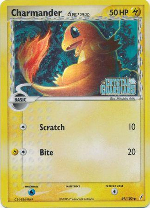 Pokémon trading card featuring Charmander from the Crystal Guardians set.