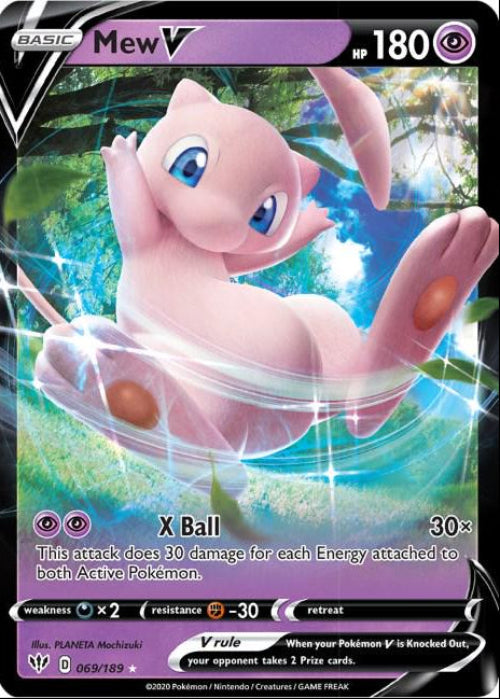 Pokémon trading card featuring Mew V with a colorful background