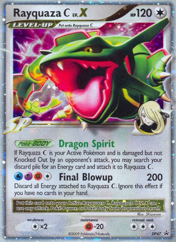 Pokémon trading card featuring Rayquaza C IV X with colorful design and text.
