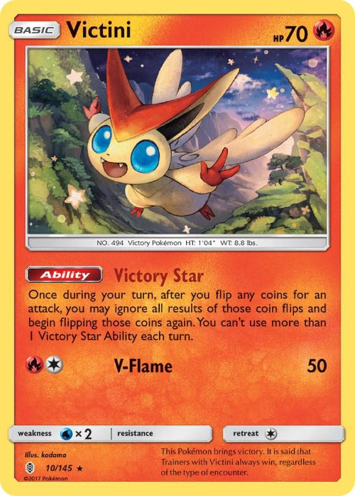 Victini Pokémon trading card with character illustration and game details.