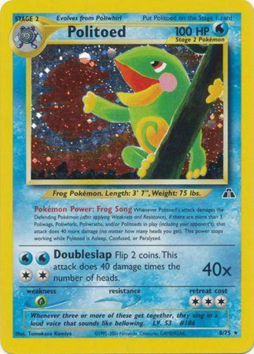 Pokémon trading card featuring Politoed with a colorful border and text.