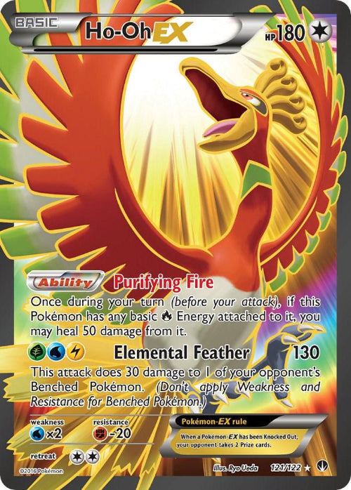 Pokémon trading card featuring Ho-Oh EX with detailed artwork and text.