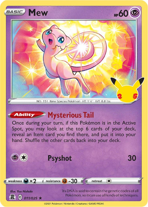 Pokémon trading card featuring Mew with a colorful background