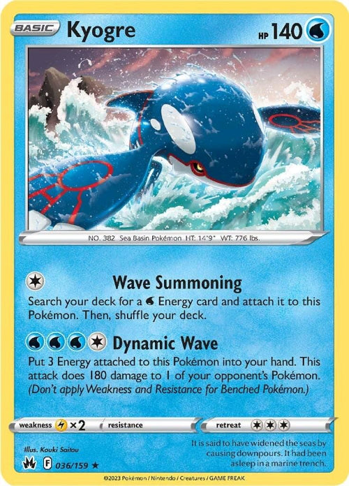 Pokémon trading card featuring Kyogre with blue and yellow border
