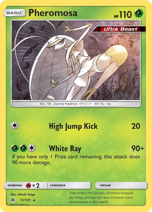 Pheromosa Pokémon trading card with character illustration and game information.