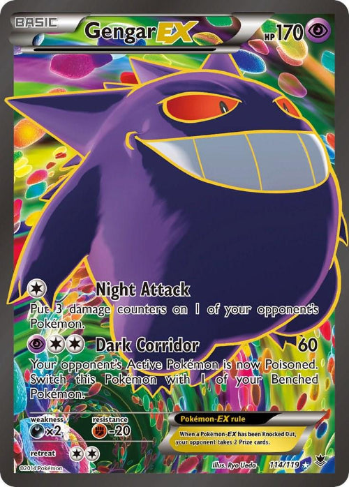 Gengar EX trading card with colorful design and character illustration