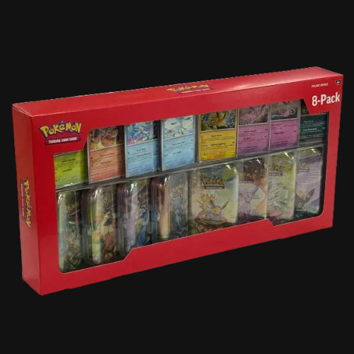 Pokémon trading card game 8-pack box with various card images on a white background