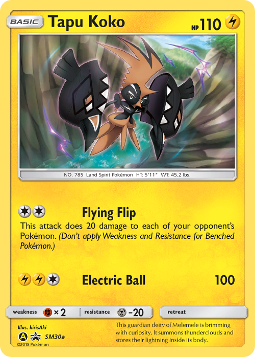 Pokémon trading card featuring Tapu Koko with a yellow border and character illustration.