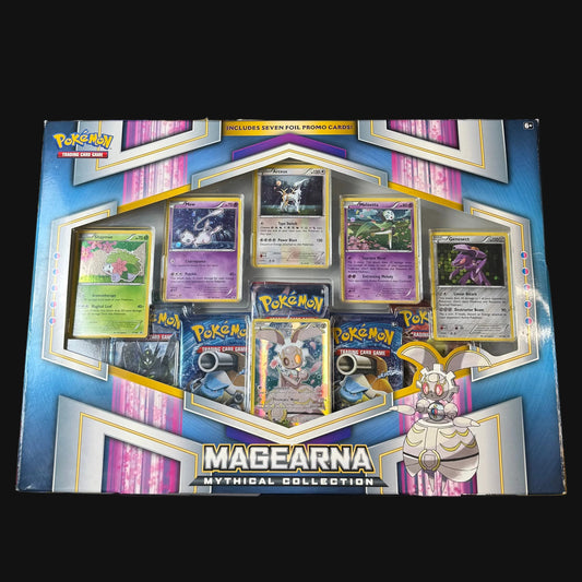 A collection of Pokémon trading card products arranged on a dark tabletop, including a large Magearna Special Collector's mat in the foreground, several booster packs, and card sleeves. Visible branding includes Pokémon and Magcargo.