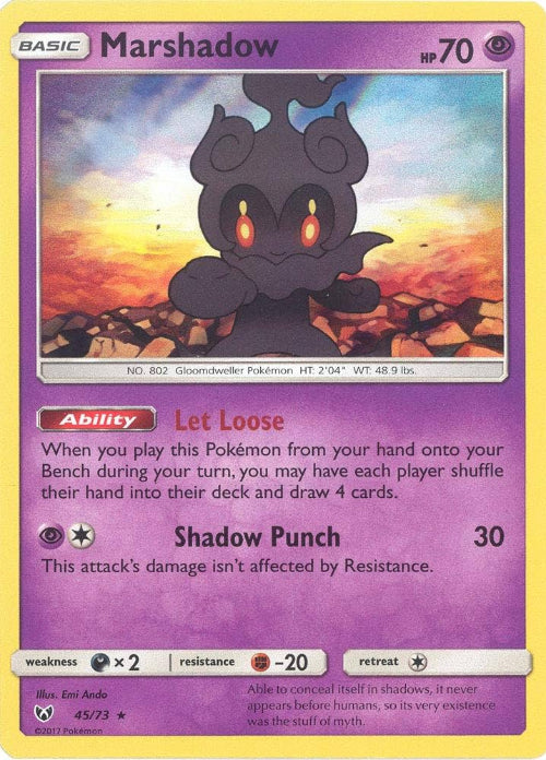 Pokémon trading card featuring Marshadow with sunset background