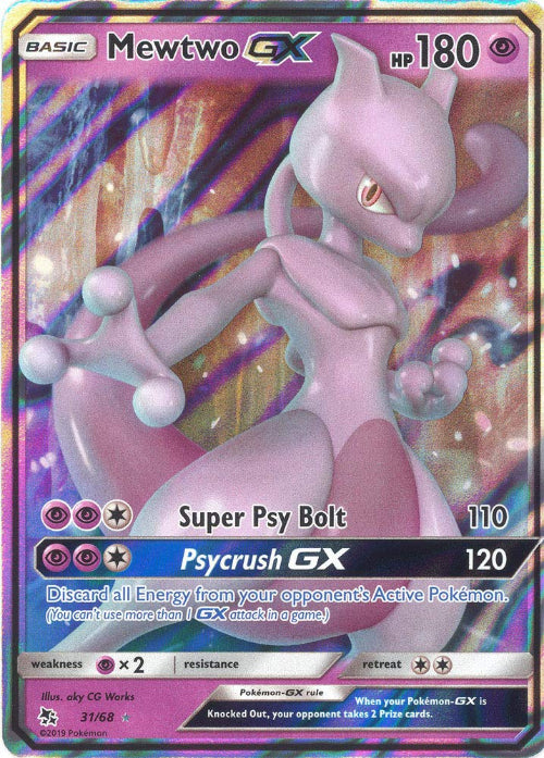 Mewtwo GX trading card with colorful background