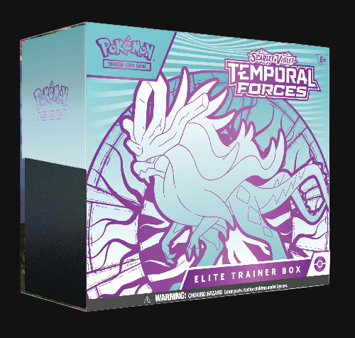 Pokémon Scarlet & Violet Temporal Forces Elite Trainer Box packaging with a stylized dragon-like creature.