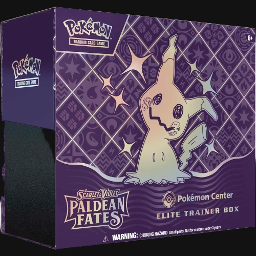 Pokémon trading card game Elite Trainer Box packaging with a ghost-like creature illustration on a purple background.