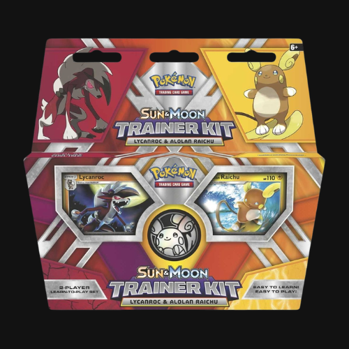 Pokémon Sun & Moon Trainer Kit packaging with Lycanroc and Alolan Raichu on a black background