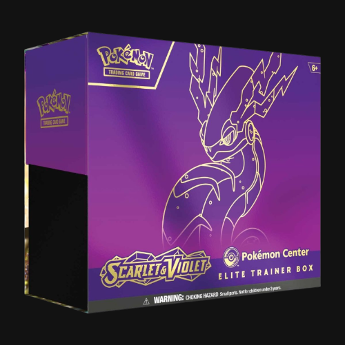 Pokémon Elite Trainer Box packaging with a purple gradient and Pokémon logo.