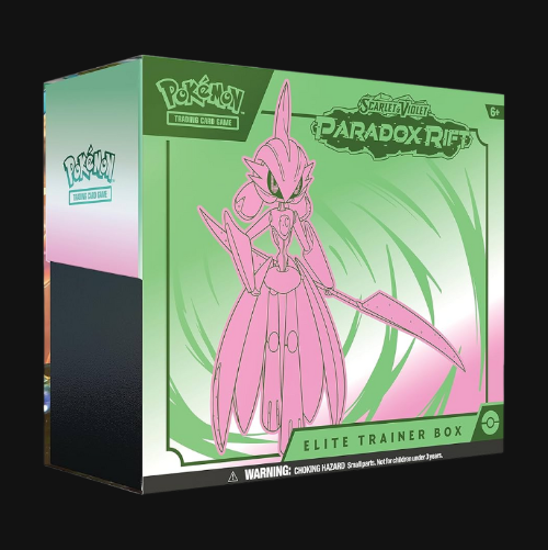 Pokémon Scarlet & Violet Paradox Rift Elite Trainer Box packaging with a pink character on a green background.