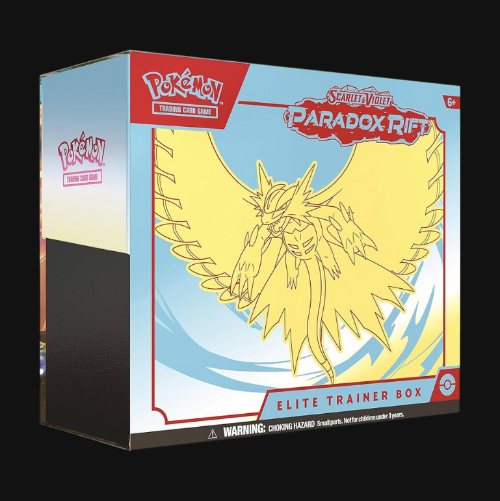 Pokémon Scarlet & Violet Paradox Rift Elite Trainer Box packaging with a yellow creature illustration on a blue background.