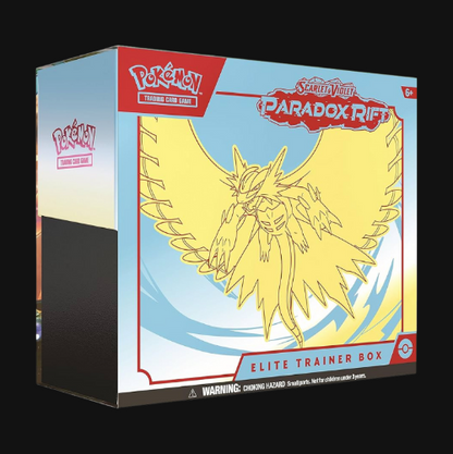 Pokémon Scarlet & Violet Paradox Rift Elite Trainer Box packaging with a yellow creature illustration on a blue background.