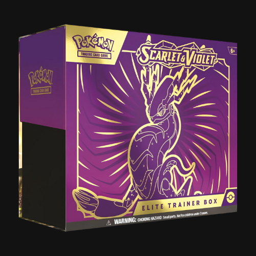 Pokémon Scarlet & Violet Elite Trainer Box packaging with purple and gold design.