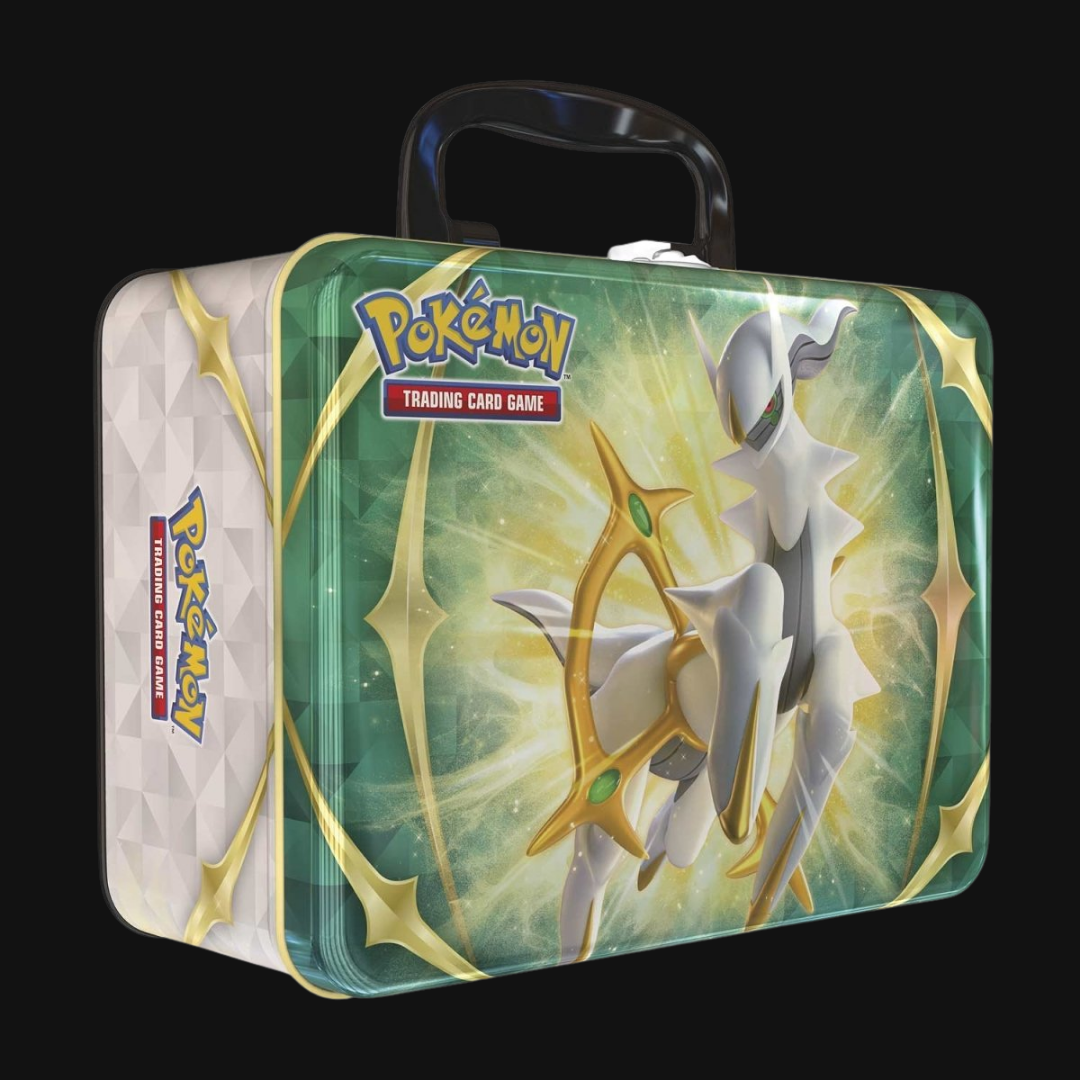 Pokémon Trading Card Game tin with a character design on a black background