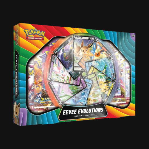 Pokémon trading card game box featuring Eevee evolutions on a colorful background