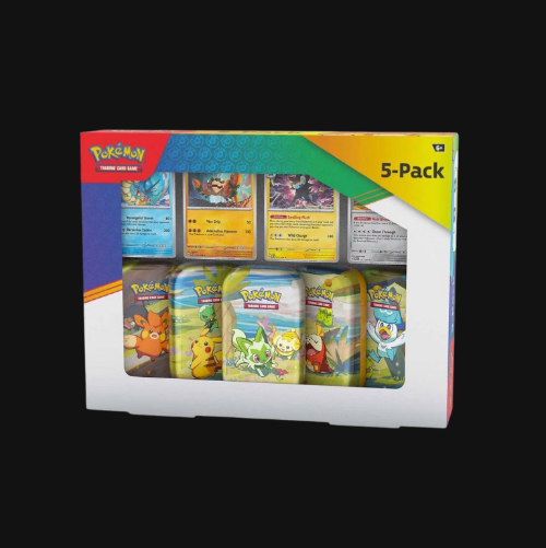 Pokémon trading card game 5-pack box with various card designs.