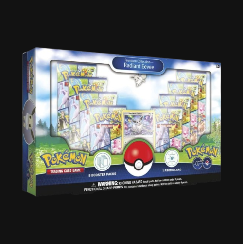 Pokémon trading card game packaging with cards and a Poké Ball logo on a black background