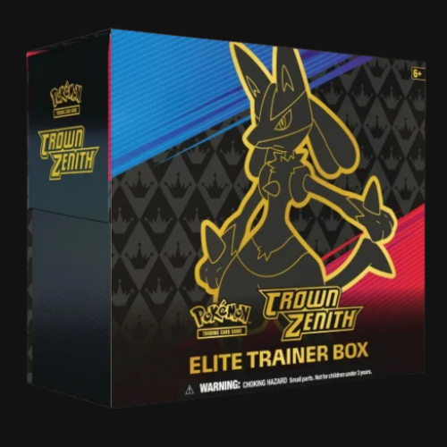 Pokémon Crown Zenith Elite Trainer Box packaging with character design on a black background