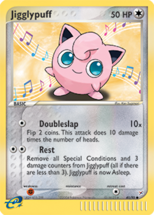 Pokémon trading card featuring Jigglypuff with attack and status text.