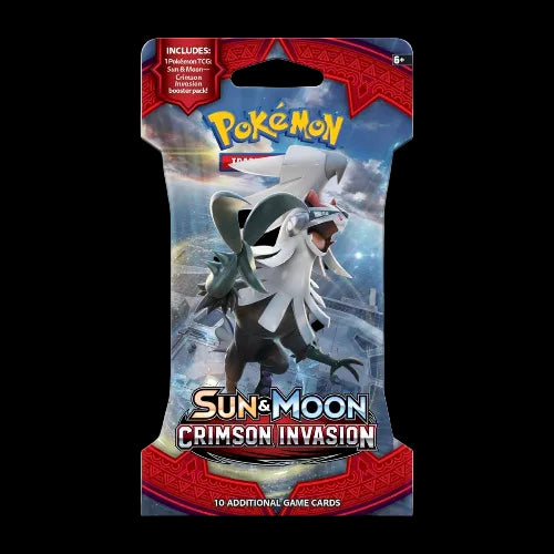 Pokémon Sun & Moon Crimson Invasion trading card game booster pack on a white background