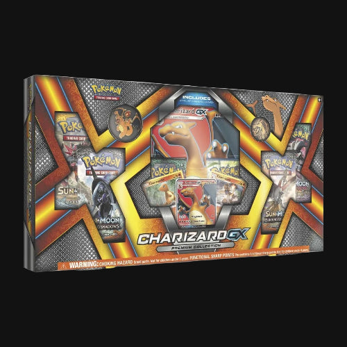 Pokémon Charizard GX premium collection box with cards and graphics on a white background