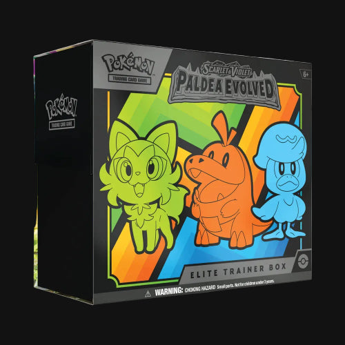 Pokémon trading card game Elite Trainer Box packaging with three Pokémon characters on a white background