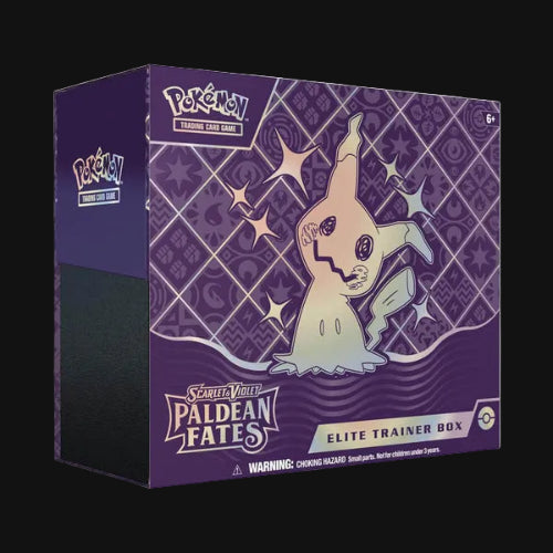 Pokémon Scarlet & Violet Paldean Fates Elite Trainer Box packaging with a purple and black design.