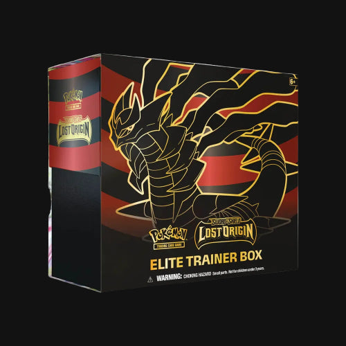 Pokémon Lost Origin Elite Trainer Box packaging with dragon design on a white background